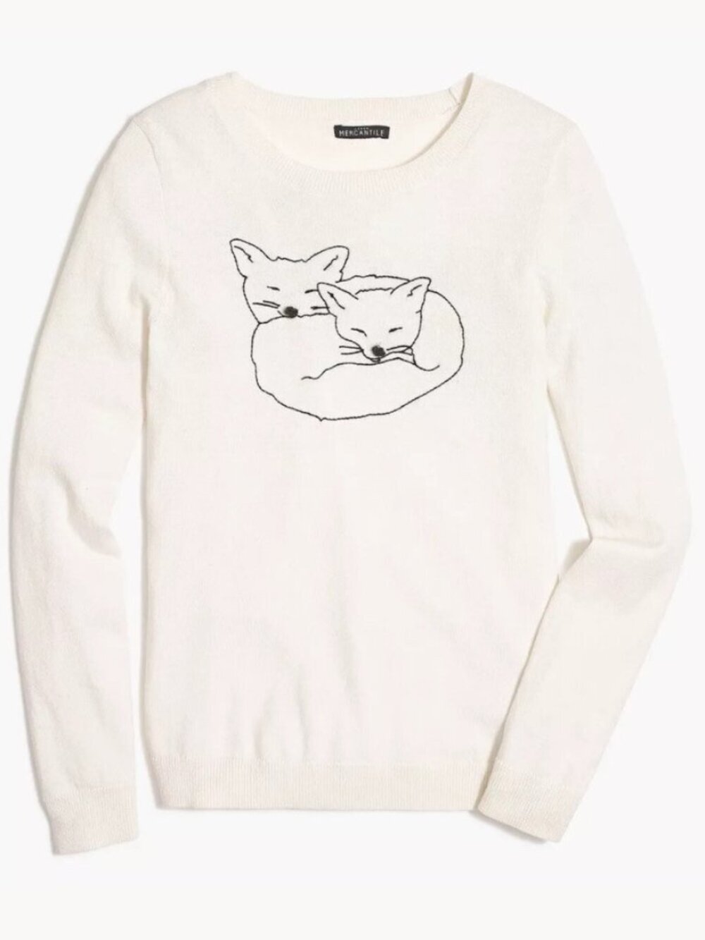 J. Crew Mercantile Cream Sweater with Cuddling Fox Embroidery Size XS